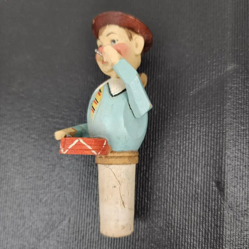 Hand Carved Mechanical Bottle Stopper Cork Drummer Blue Shirt & Brown Hat Anri?